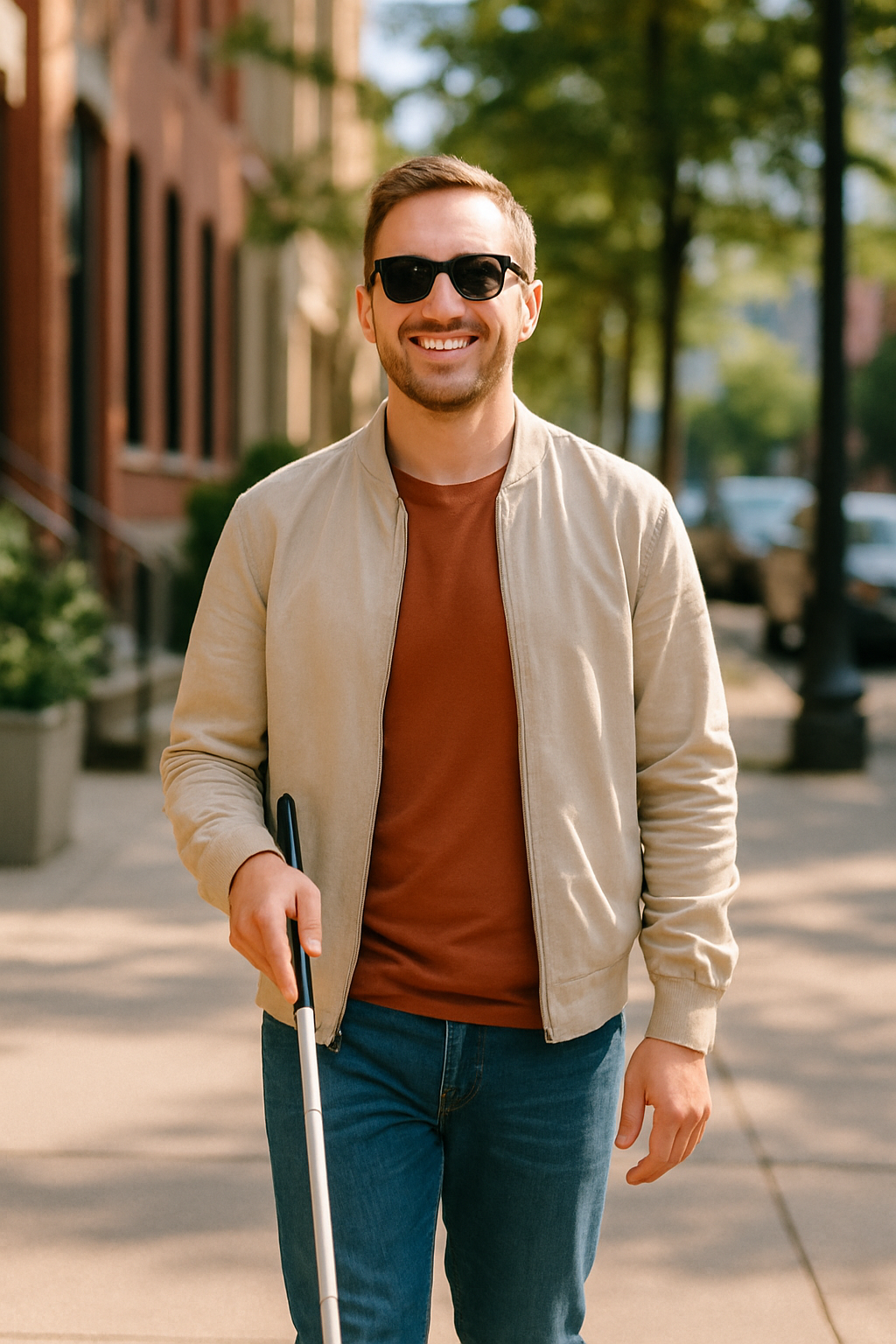 Man with sunglasses walking confidently with a white cane on a sunny city sidewalk.