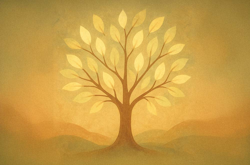 Stylized tree with glowing yellow leaves on a warm background.