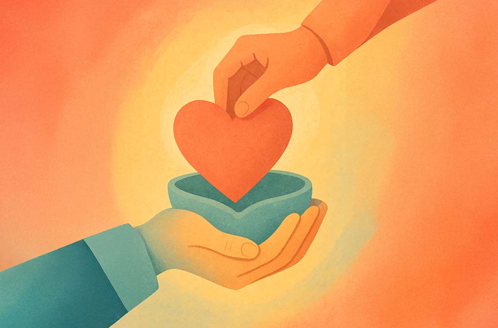 Illustration of hands passing a heart into a bowl.