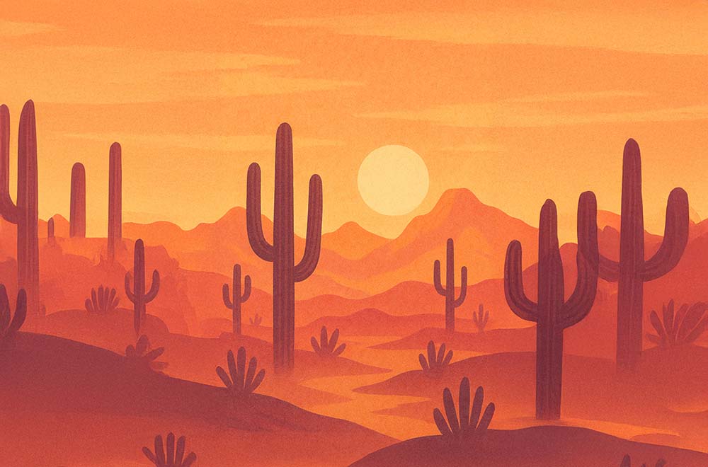 Stylized desert scene with cacti and sunset in warm tones.