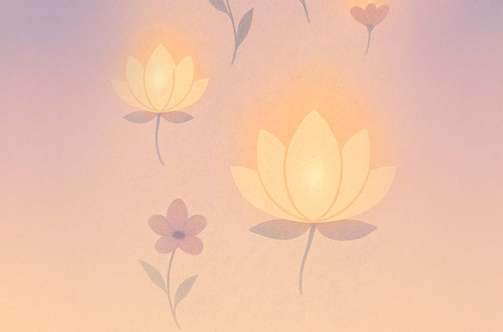 Stylized glowing lotus flowers on a soft gradient background.