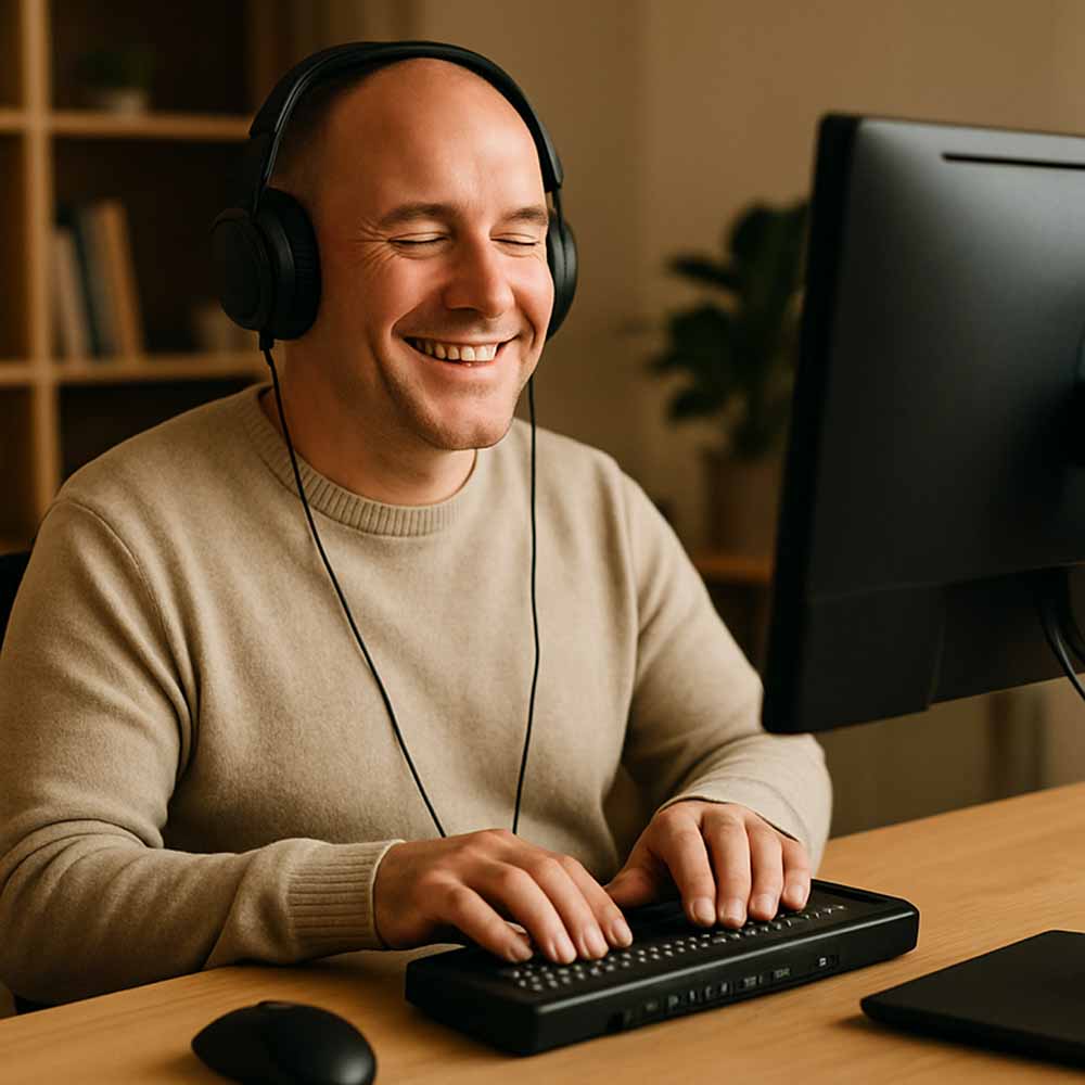 Man with headphones using a braille display at a desk.