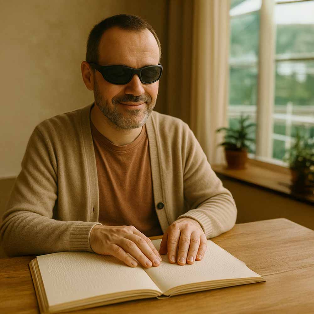 Man reading a braille book at a table by a window.