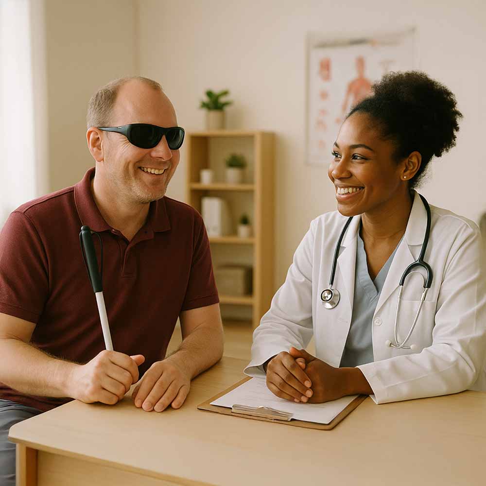 Man with a white cane smiling beside a female doctor.