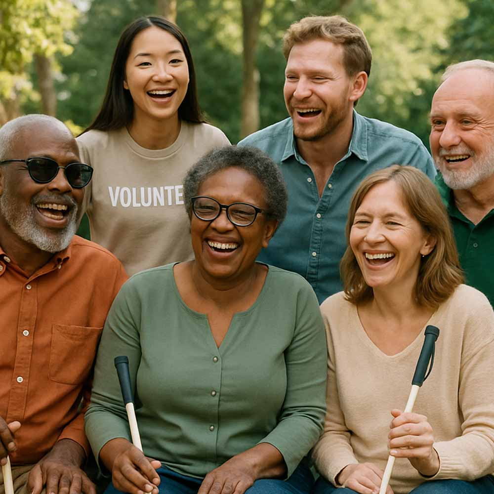 Group of adults, some holding white canes, laughing together outdoors.