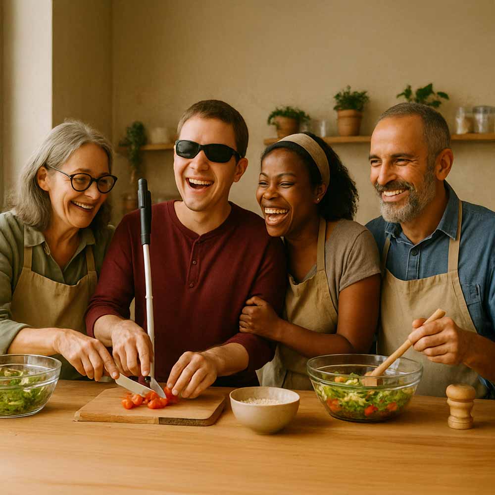 Group of adults with a man using a white cane preparing food together and laughing.