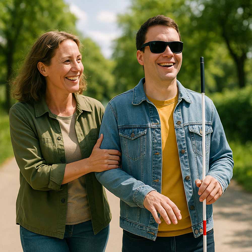 Woman walking arm-in-arm outdoors with a man holding a white cane.