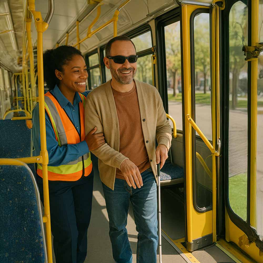 Transit worker assisting a man with a white cane onto a bus.