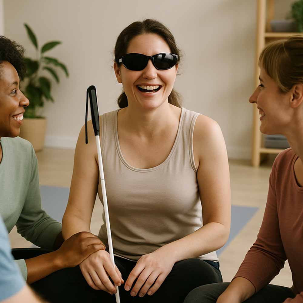 Woman with a white cane smiling among friends in a yoga or wellness room.
