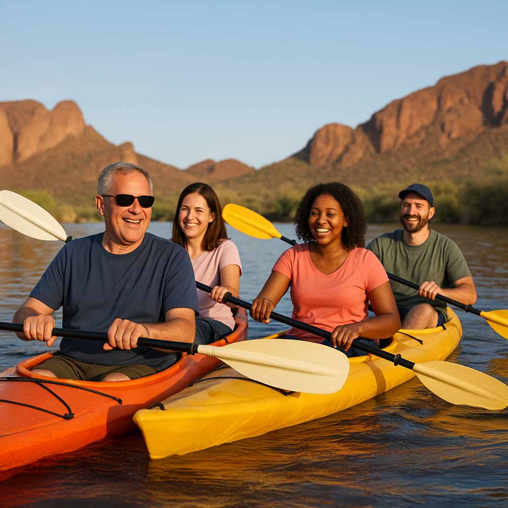 Four people kayaking on a river, smiling with mountains in the background.