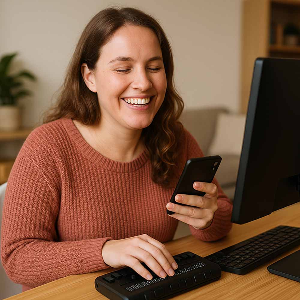 Woman smiling while using a braille display and holding a smartphone at a desk.