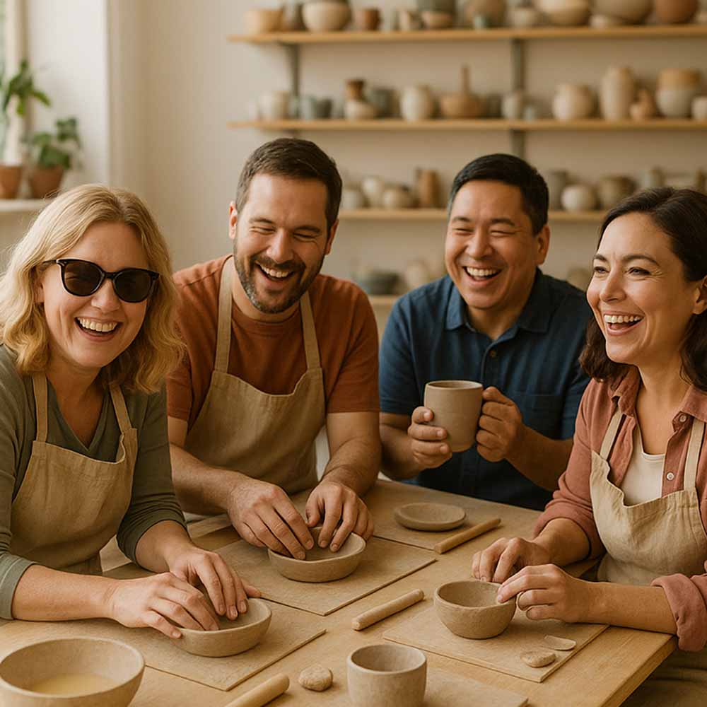 Four adults smiling and working with clay in a pottery class.