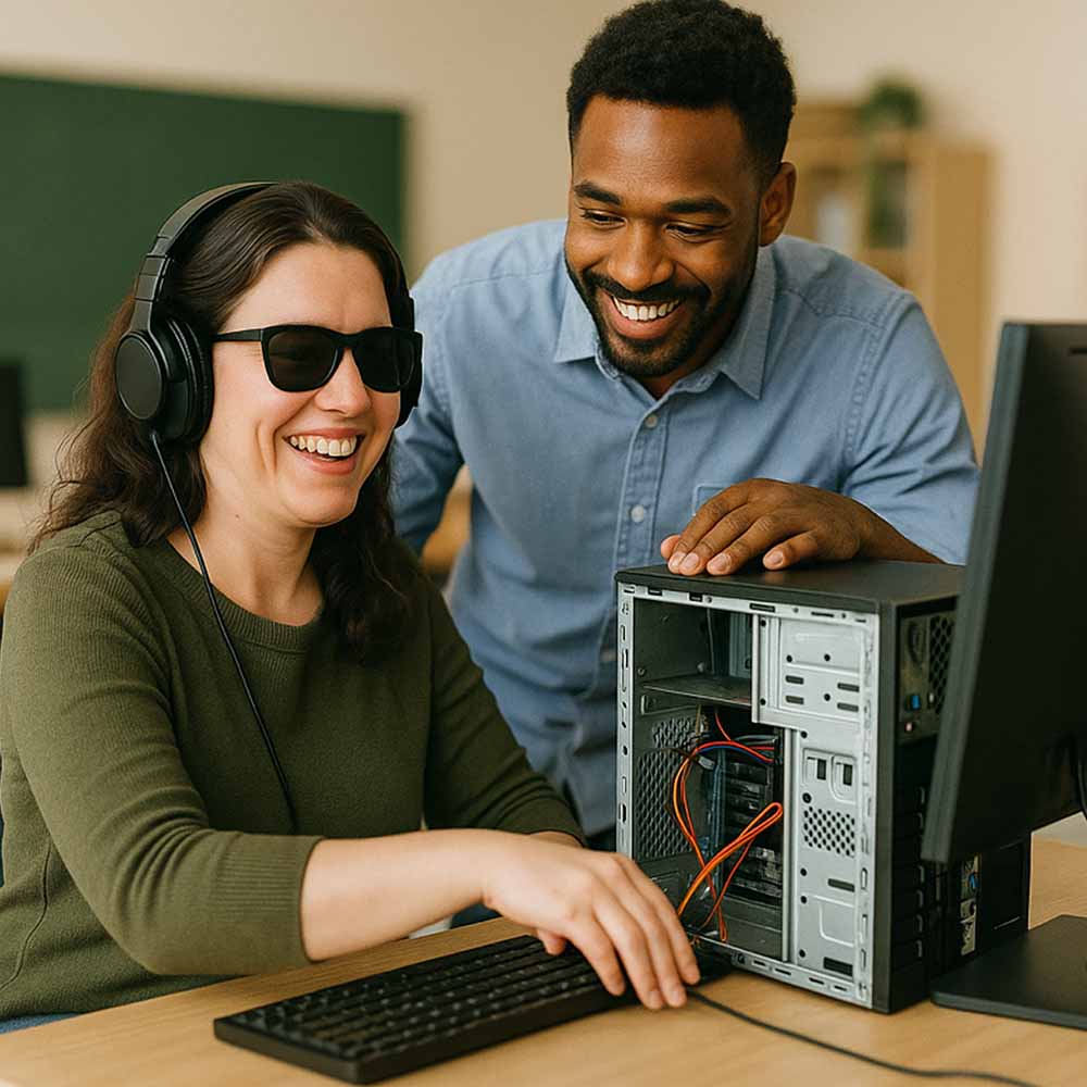 Woman wearing sunglasses and headphones typing with assistance at a desktop computer.