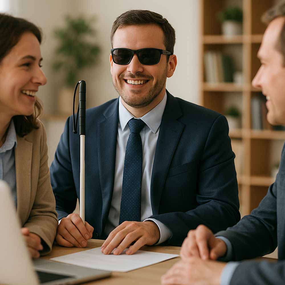 Man in a suit and sunglasses holding a white cane, smiling in a meeting.