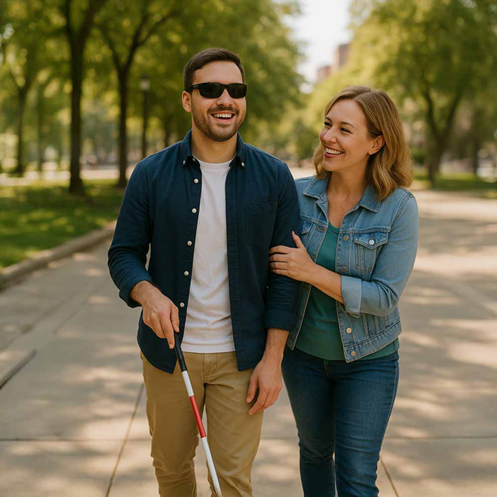 Man using a white cane walks with a smiling woman outdoors.