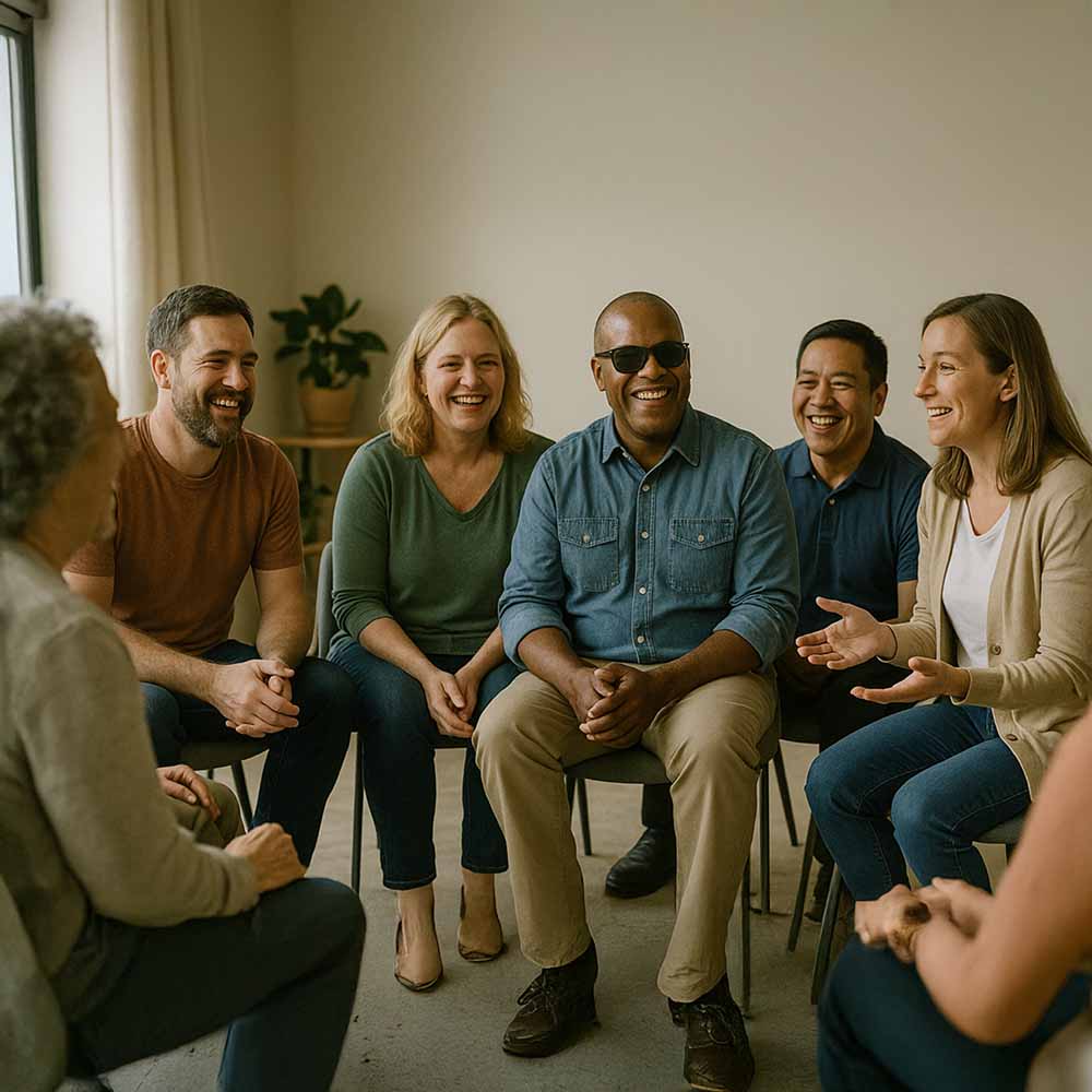 Group of people sitting in a circle, laughing and talking together.